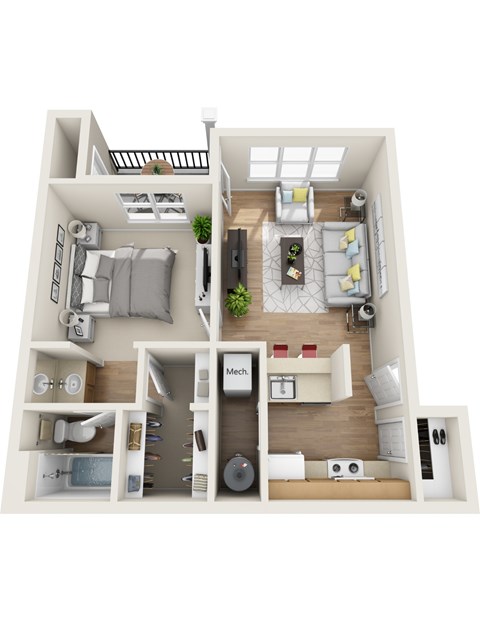 Floor plan for 1 bed, 1 bath, 581 sqft